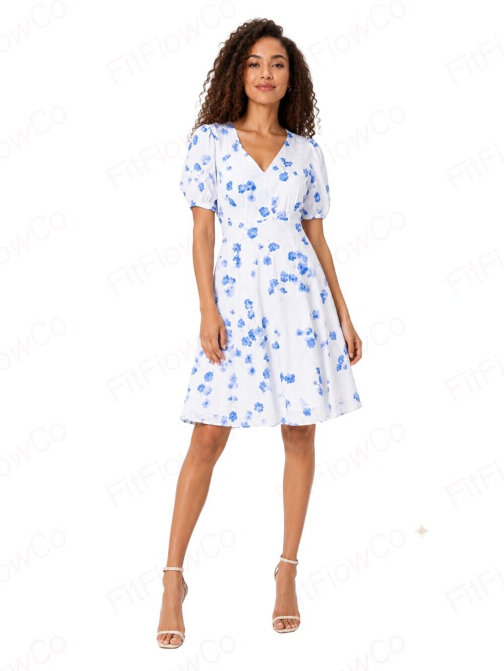Calvin Klein White Blue Floral Puff Sleeve V-Neck A-Line Dress Size 2